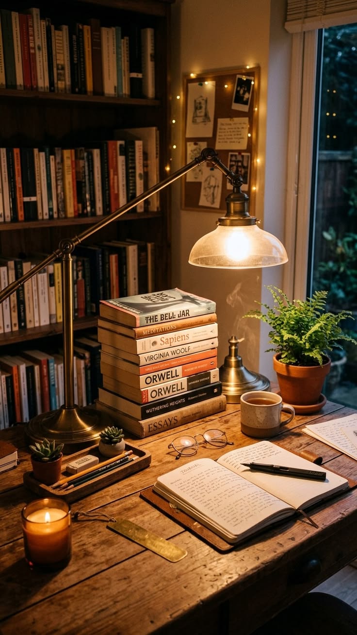 Stack of literary classics on a writer's desk with brass lamp