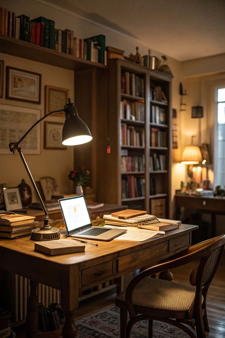 Warmly lit study with a bookshelf and writing desk
