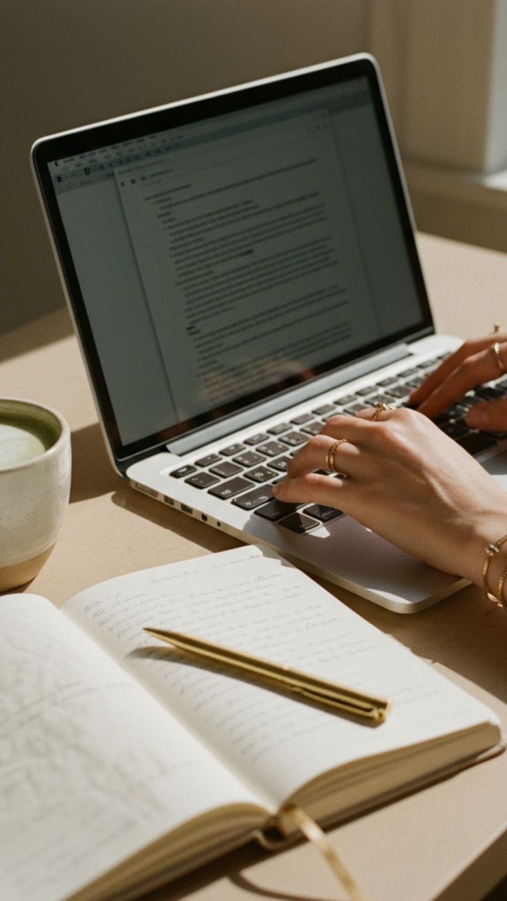 Hands writing at a sunlit desk with a manuscript and notebook
