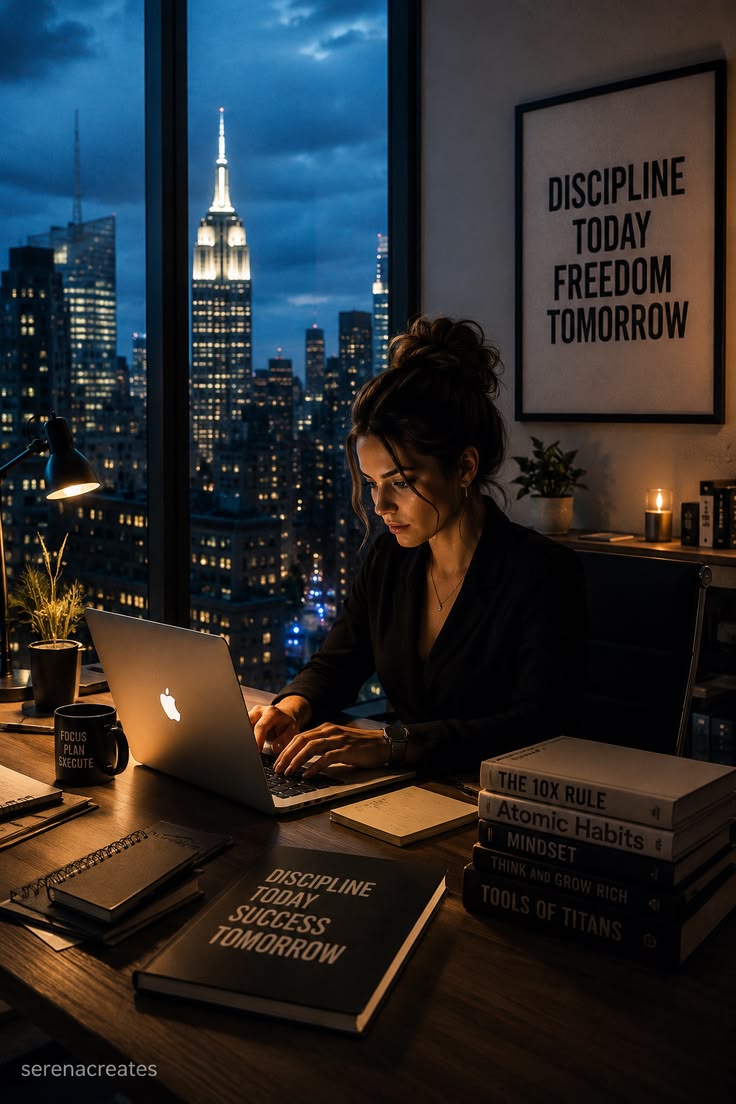 Author working late with a city skyline behind her